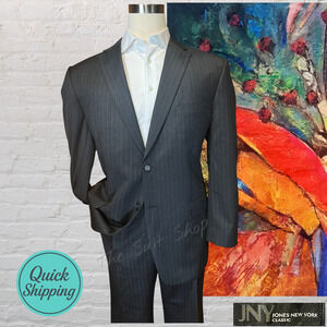 Jones New York Mens 46R 41x31 Charcoal Gray Stripe 2 Piece Suit